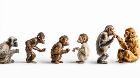 A series of baby monkeys are shown in various stages of development. Concept of growth and progression, as the monkeys mature from infancy to adulthoodの素材