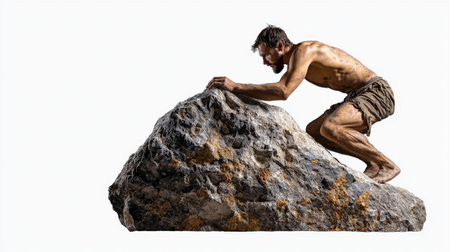 A man is climbing a large rock. The man is barefoot and is wearing shorts. The rock is large and the man is struggling to climb itの素材