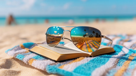 A pair of sunglasses is on top of a book on a beach. The sunglasses are reflecting the sun and the book is open to a page with a picture of a palm tree. Concept of relaxation and leisureの素材