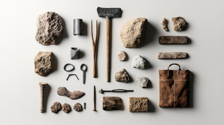 A collection of tools and objects, including a hammer, a bag, and a rock, are scattered across a white background. Concept of exploration and discoveryの素材