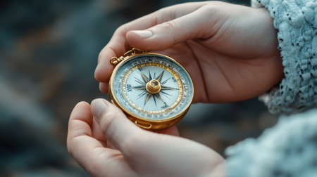A person is holding a compass in their hand. The compass is gold and white, and it is pointing to the right. The person appears to be looking at the compass with a sense of curiosity or wonderの素材