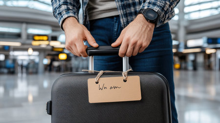 A man is holding a suitcase with a tag that says "We are.". Concept of urgency and importance, as the man is likely in a hurry to catch a flightの素材