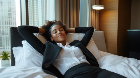 A woman in a business suit is laying on a bed, smiling and relaxing. Concept of comfort and ease, as the woman is dressed in a professional outfit but is taking a break to rest and unwindの素材
