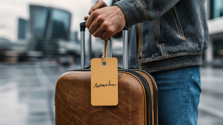 A man is holding a suitcase with a tag that says "Namaste" on it. Concept of travel and adventure, as the man is preparing to embark on a journey to a new destinationの素材