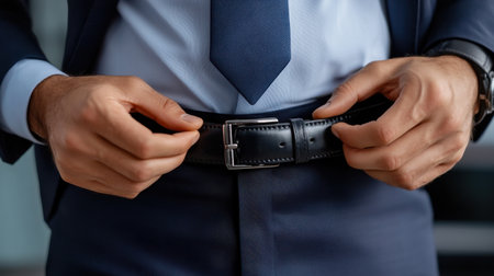 A man in a suit is adjusting his belt. Concept of formality and professionalism, as the man is dressed in a suit and tieの素材