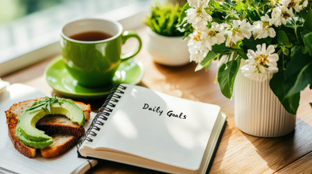 A cozy morning setup with avocado toast, a warm herbal tea, and a mindfulness journal open to a "Daily Goals" pageの素材
