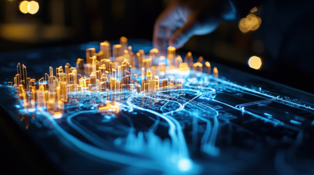 A model of a city infrastructure project displayed on a digital screen during a collaborative meetingの素材