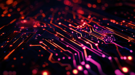 A close-up of a microchip with intricate circuits illuminated by neon lightingの素材