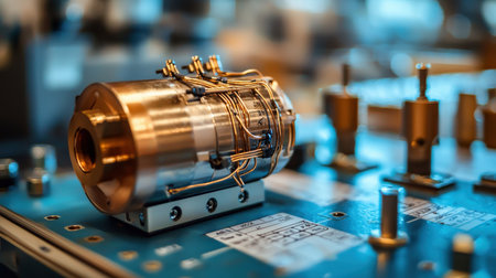 An electric motor assembly with wiring diagrams pinned nearby in a hyperdetailed workshopの素材