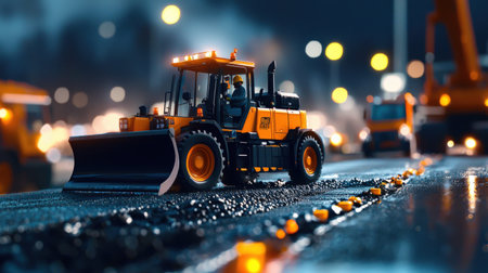 A highly detailed road construction site with heavy machinery paving asphalt and surveyors monitoring progressの素材