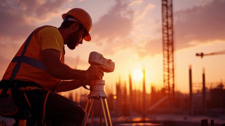 A surveyor using advanced equipment on a construction site with a partially built concrete structure in the backgroundの素材