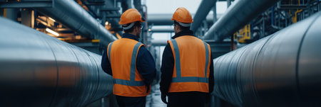 Engineers inspecting large pipelines at a water treatment plantの素材