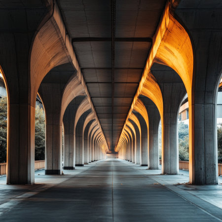 A long, empty, and narrow tunnel with a lot of light shining through it. The tunnel is made of concrete and has a very industrial feel to itの素材