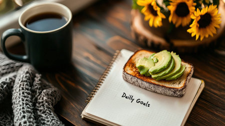 A cozy morning setup with avocado toast, a warm herbal tea, and a mindfulness journal open to a "Daily Goals" pageの素材