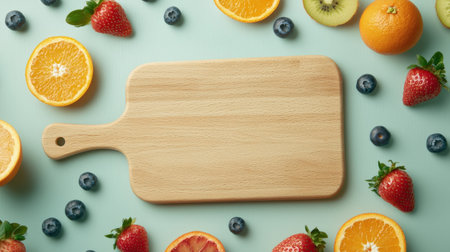 A flat lay of fresh fruits like strawberries, blueberries, and oranges styled with a wooden chopping boardの素材