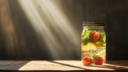 A jar of infused water with strawberries, mint, and lemon slices, glowing in natural sunlightの素材