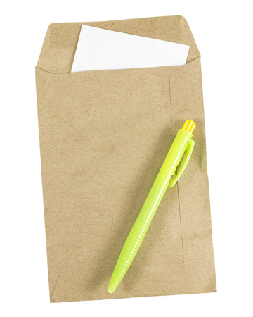 Pen and Brown envelope document with paper isolated on white backgroundの写真素材