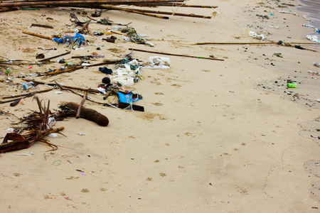 Trash or junk are left in the grass bush on the beach.  container abandoned was trash in the area pollution on the beach of Thailand.の写真素材