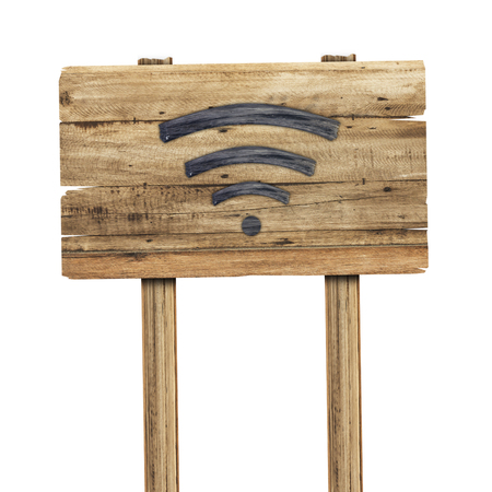 Wifi signal is made of wood on wooden sign isoleted on white backgroundの写真素材