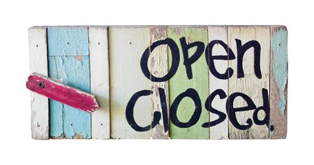Open and close icons on a wooden isolated on white background. wooden sign on white.