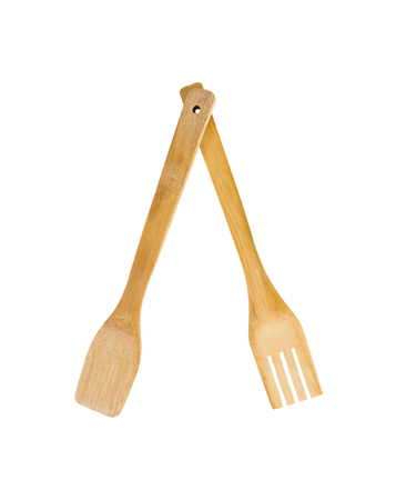 Spoon wood and Fork wood handmade isolated on white background.の写真素材