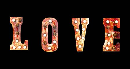 Love sign. Love word light bulbs on black background. Background for valentines day concept.