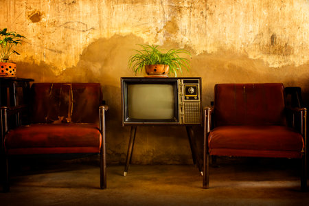 Vintage television, Antique TV, Retro technology, Old TV and old red sofa in roomの写真素材