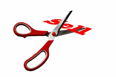 Red scissors cut sell word isolated on the white background