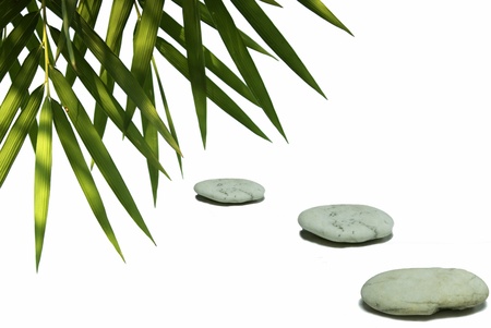 stones pyramid on white background, green leaves bamboo over itの写真素材