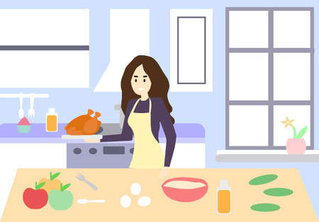Girl shows how to cook chicken, vector graphicsのイラスト素材