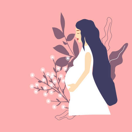 Pregnant girl holds belly next to flowers, a vector chartのイラスト素材
