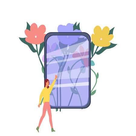 Phone screen, flowers and young girl, a vector graphicsのイラスト素材
