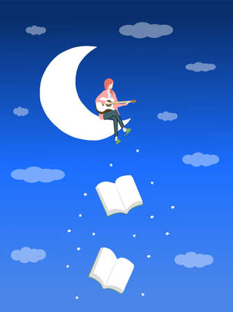 A girl sits on the moon and plays guitar, a vector graphicsのイラスト素材