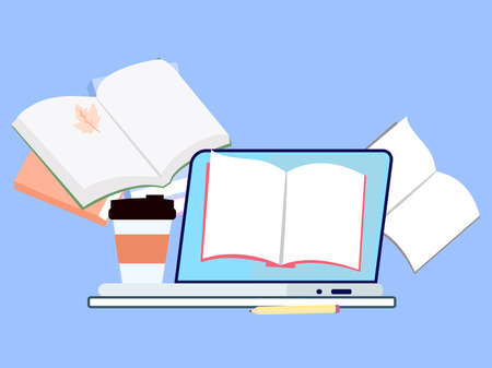 Laptop with open ebook and coffee on blue background, rag graphicのイラスト素材