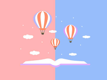 Open book and balloons on blue and pink background, vector graphicsのイラスト素材
