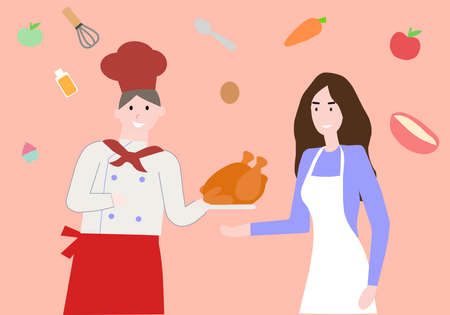Chef holds chicken, on orange bacground, a vector graphicsのイラスト素材