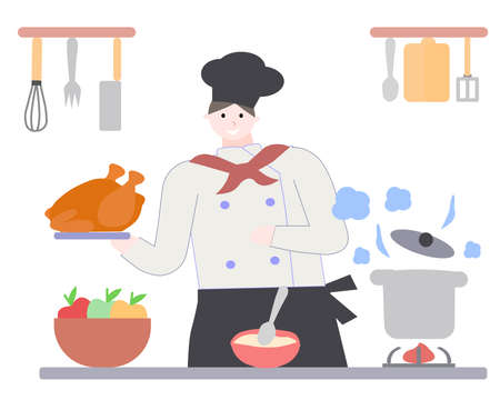 Chef holds chicken, on white bacground, a vector graphicsのイラスト素材