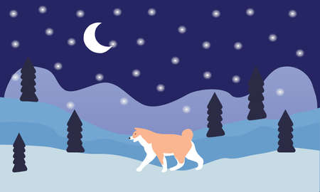 Winter forest, snowfall and dog, a vector chartのイラスト素材