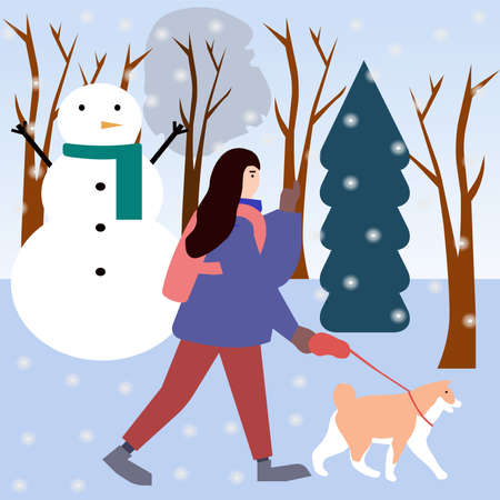 Girl walks with dog in park in winter, a vector chartのイラスト素材