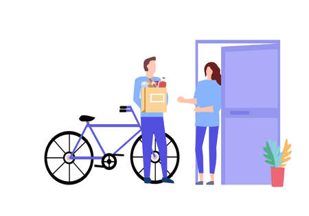 Courier gives away a package of products, a vector graphic