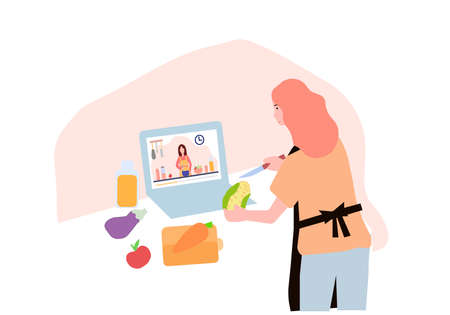 Online cooking training on a laptop, a vector graphicsのイラスト素材