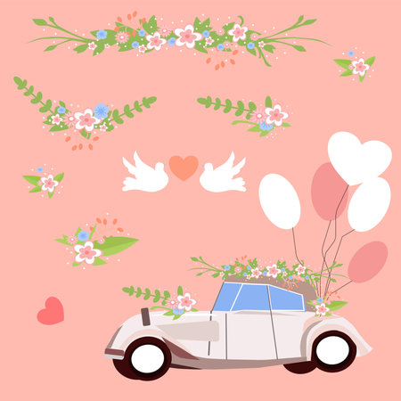 Wedding machine and flowers, a vector graphicsのイラスト素材