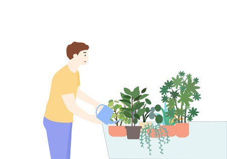 Guy pours flowers on white background, a vector chartのイラスト素材