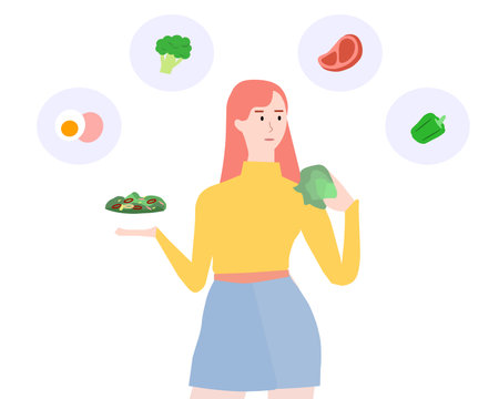 Girl eats salad on a white background, a vector graphicsのイラスト素材