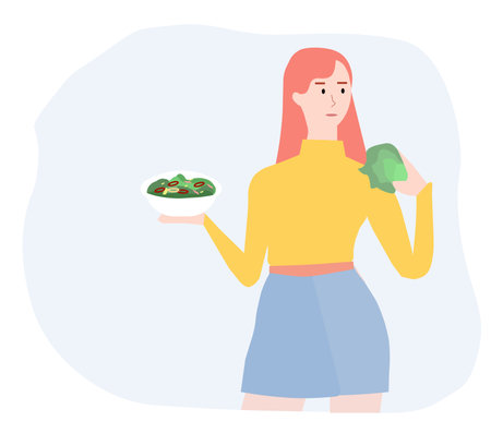 Girl eats salad on a white background, a vector graphicsのイラスト素材