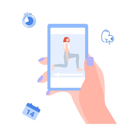 Girl watches online sports lessons on phone, a vector graphicsのイラスト素材