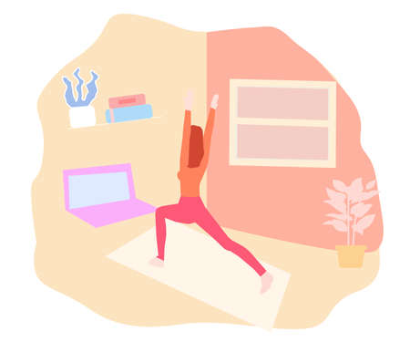 Girl does stretching at home with trainer online, a vector chartのイラスト素材