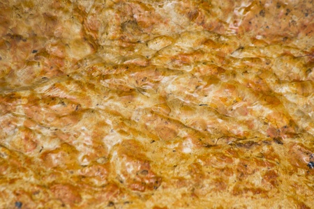 Texture or background formed by running clear water stream with clay bed of orange and yellow ocher