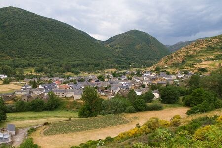 General view of the town of Murias de Paredes in the province of Leon   Spain   Village surrounded by hills with slate roofs typicalの写真素材