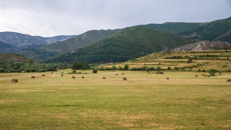 mountain landscape with valley pastures  tractor with farmers in the time of harvest and collection of grass  region of Babia Leon  Spainの写真素材